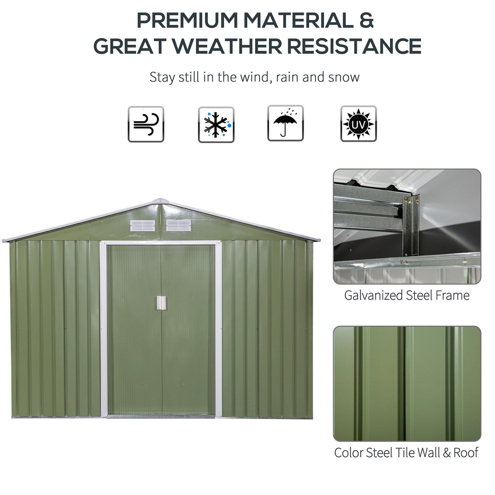 9' X 6' Outdoor Storage Shed, Garden Tool House With Foundation, 4 Vents, And 2 Easy Sliding Doors For Backyard, Patio, Garage, Lawn, Green Green Steel