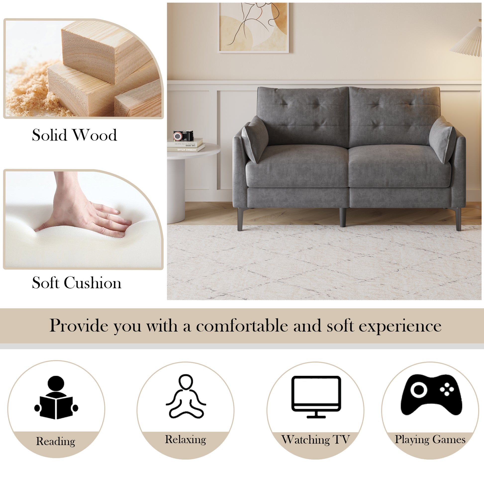 57.5 Inch Cotton Linen Dark Grayseat Metal Feet Plastic Feet Thick Cushion With Two Armrests Dark Grey Polyester Blend