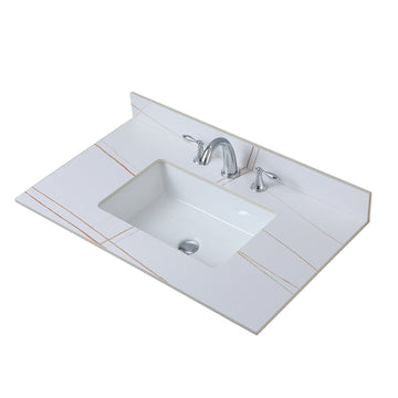 37Inch Bathroom Vanity Top Stone White Gold Style Tops With Rectangle Undermount Ceramic Sink And Three Faucet Hole White Sintered Stone