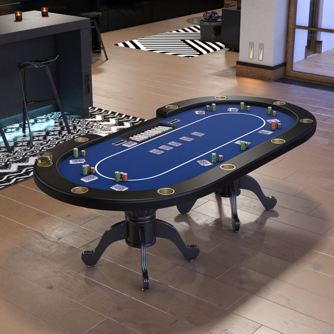 96" Oval Blue Aura Texas Holdem Poker Table Curved Legs Casino Dropbox Blue Wood