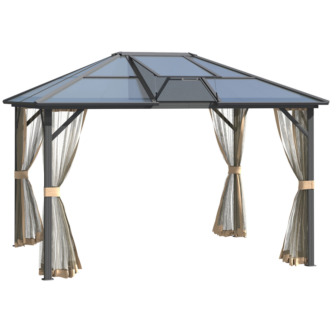 10' X 12' Hardtop Gazebo Canopy With Polycarbonate Roof, Top Vent And Aluminum Frame, Permanent Pavilion Outdoor Gazebo With Netting, For Patio, Garden, Backyard, Deck, Lawn Gray Metal