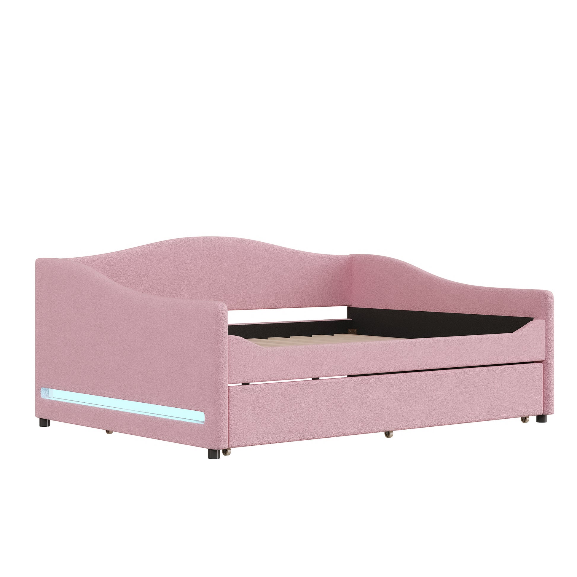 Teddy Fleece Full Size Upholstered Daybed With Light And Trundle, Pink Full Pink Fleece