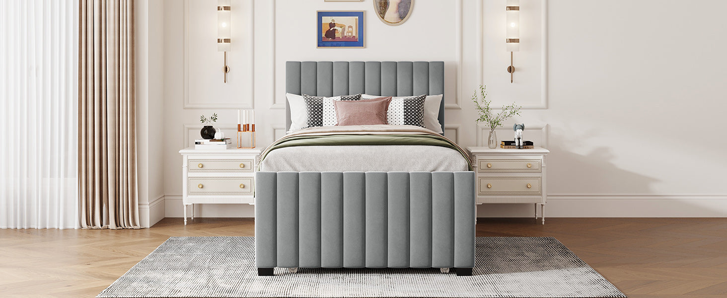 Twin Size Velvet Upholstered Platform Bed With Twin Size Trundle, Gray Gray Upholstered