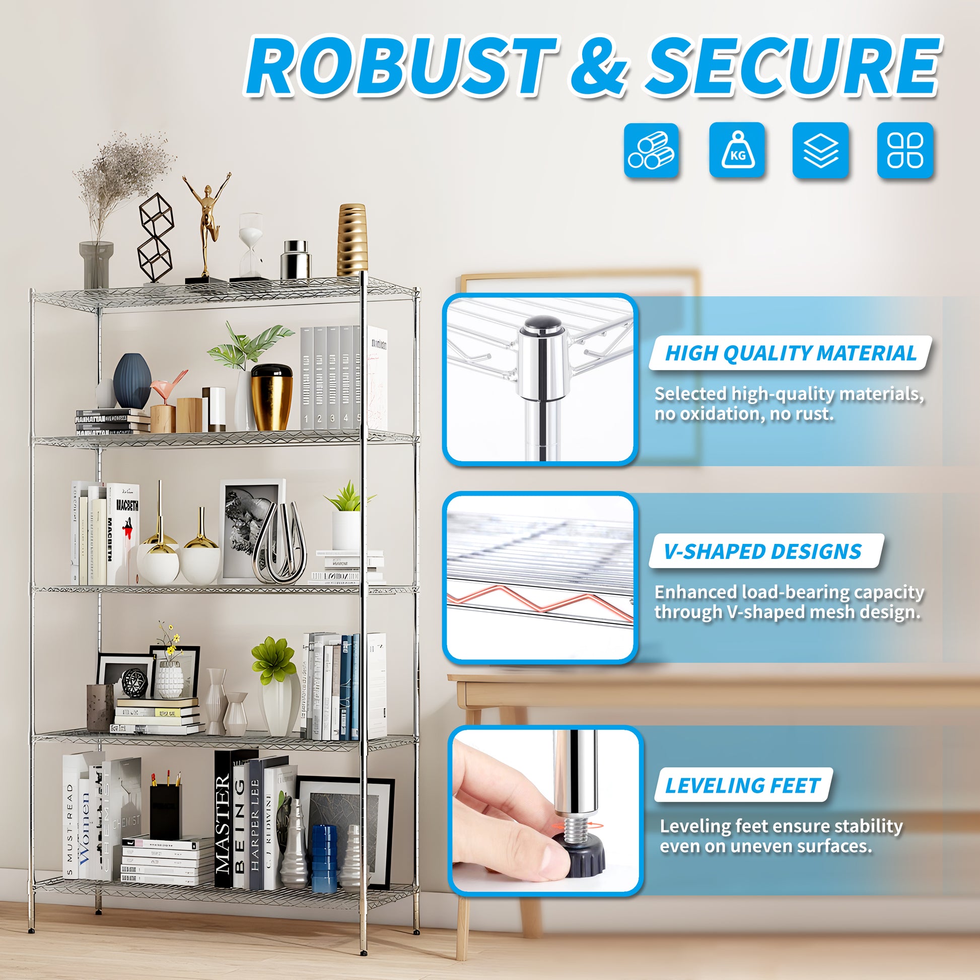 Heavy Duty Shelving Unit, Wire Metal Stackable Storage, 5 Tier Shelf, Chrome, 36" W X 13.8" D X 71.8" H Chrome Iron