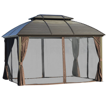 10' X 12' Hardtop Gazebo Canopy With Galvanized Steel Double Roof, Aluminum Frame, Permanent Pavilion Outdoor Gazebo With Netting And Curtains For Patio, Garden, Backyard, Deck, Lawn Brown Steel