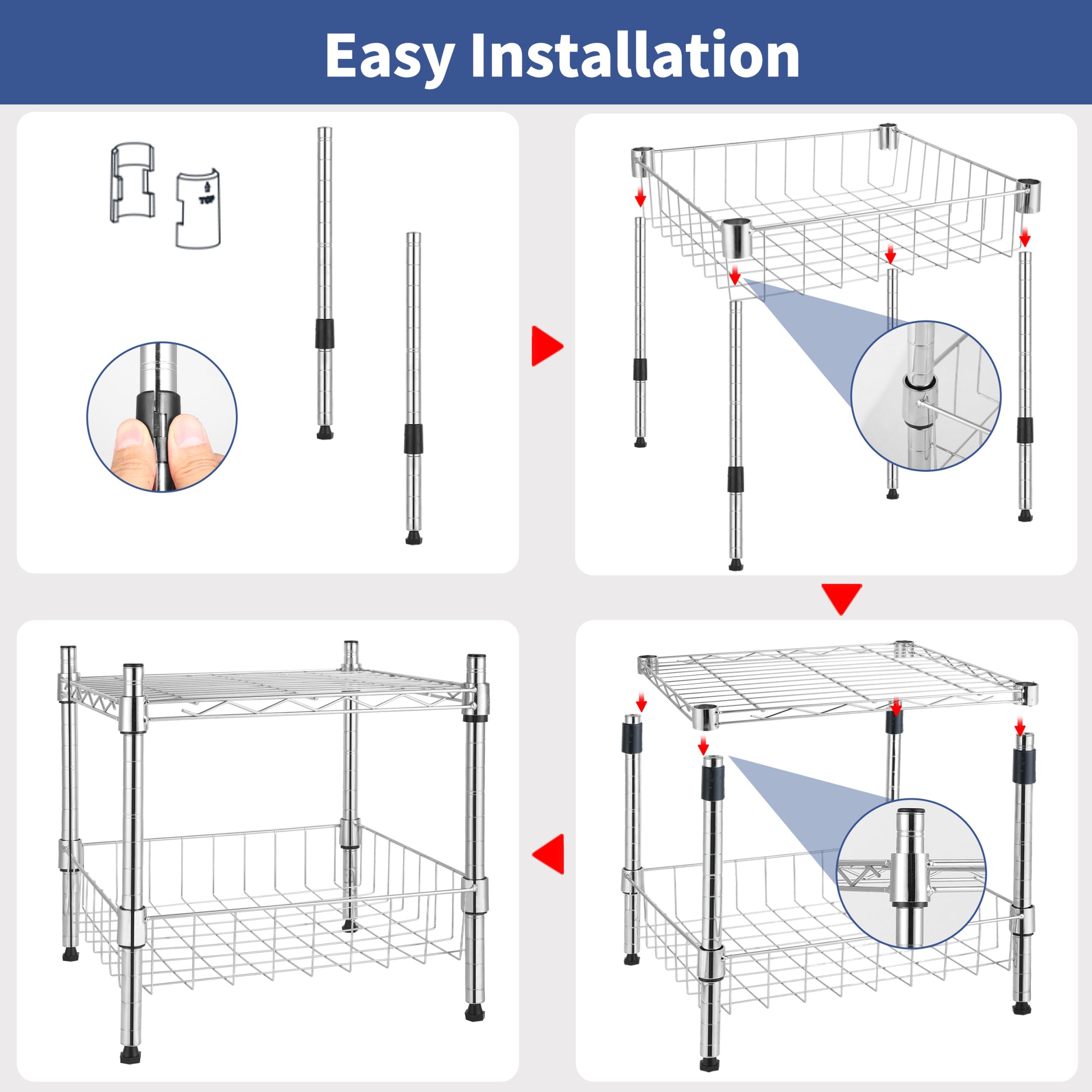 Heavy Duty Shelving Unit, Wire Metal Stackable Storage, 1 Tier Shelf, With Basket, Chrome, 15" W X 13.8" D X 15" H Chrome Iron