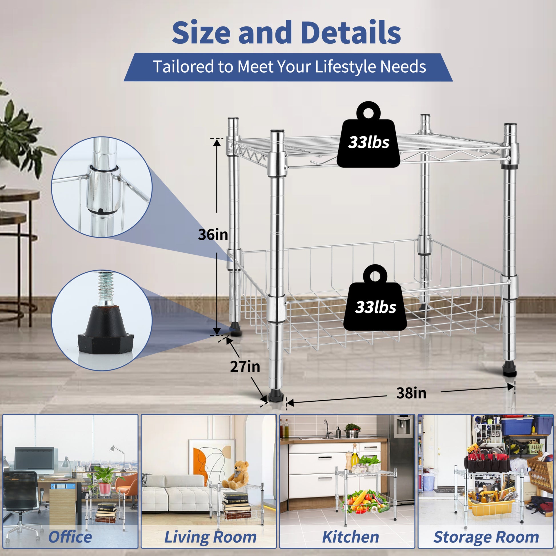 Heavy Duty Shelving Unit, Wire Metal Stackable Storage, 1 Tier Shelf, With Basket, Chrome, 15" W X 13.8" D X 15" H Chrome Iron