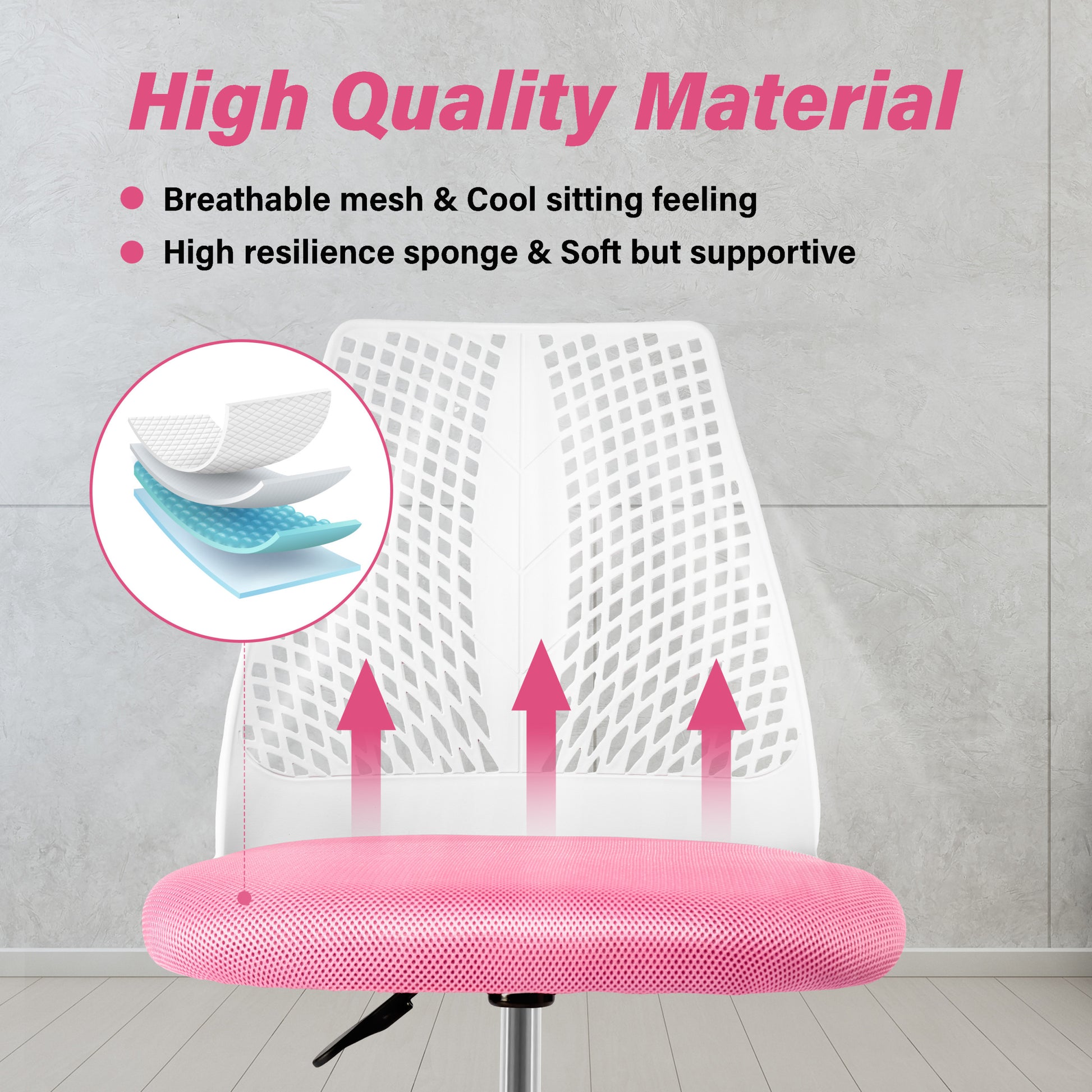 Ergonomic Office And Home Chair With Supportive Cushioning, Pink & White White Pink Nylon Mesh Plastic