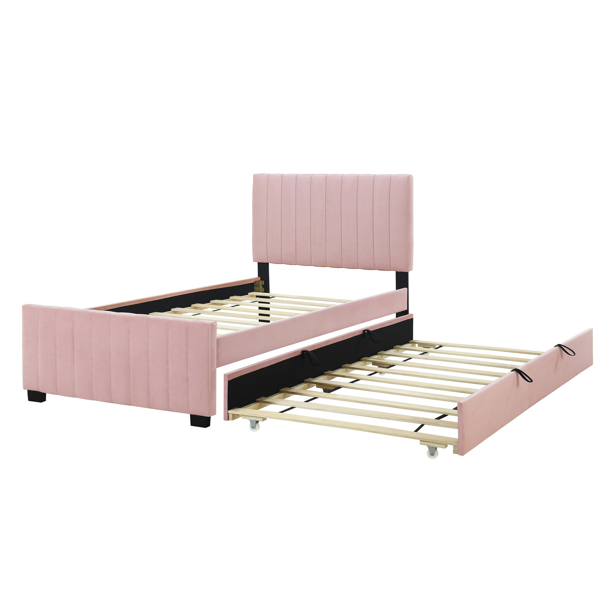 Twin Size Velvet Upholstered Platform Bed With Twin Size Trundle, Pink Pink Upholstered