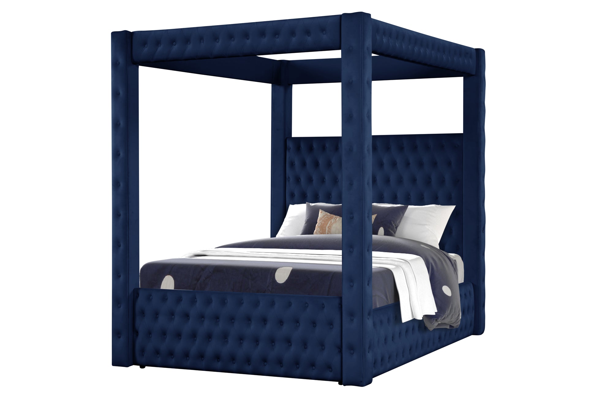 Monica Luxurious Four Poster Full 5 Pc Bed Made With Wood In Navy Box Spring Not Required Full Navy Wood 5 Piece Set Bedroom Bed Included,Chest Included,Dresser Included,Mirror Included,Nightstand Included Modern Upholstered Velvet Tufted Wood