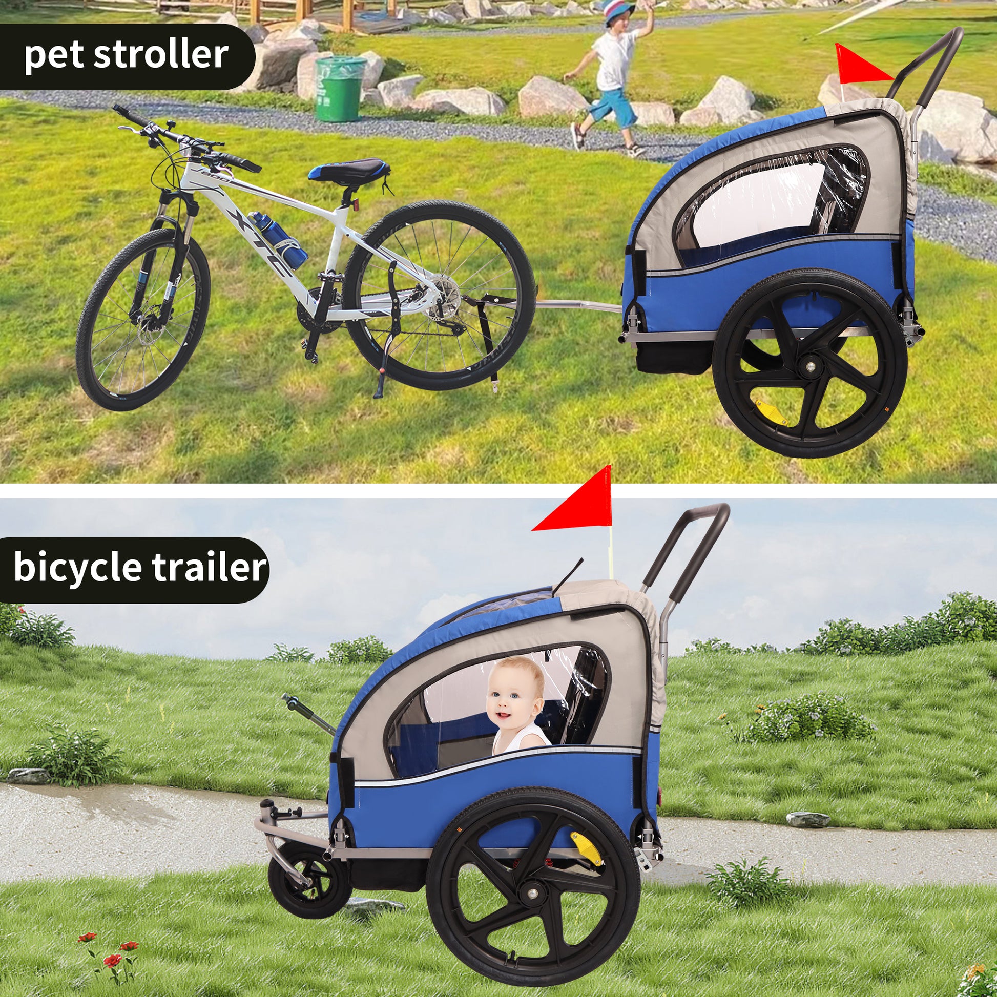 2 In 1 Double 2 Seat Bicycle Bike Trailer Jogger Stroller For Kids Children Foldable Collapsible W Pivot Front Wheel Blue Gray Fabric Steel