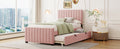 Twin Size Velvet Upholstered Platform Bed With Twin Size Trundle, Pink Pink Upholstered