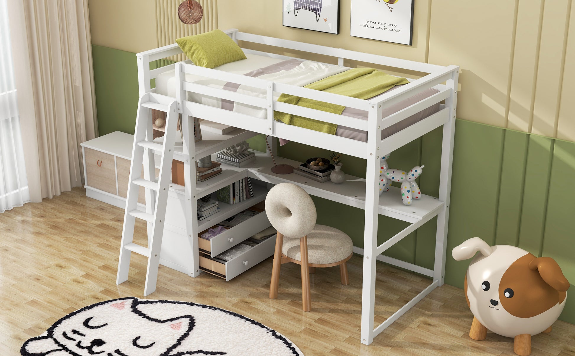Twin Size Loft Bed With Desk And Shelves, Two Built In Drawers, White Old Sku: Gx000423Aak Box Spring Not Required Twin White Wood Bedroom Pine