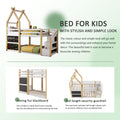 Twin Over Twin House Bunk Bed With White Storage Staircase And 2 Blackboards, White And Natural Box Spring Not Required Twin White Bed Frame Pine