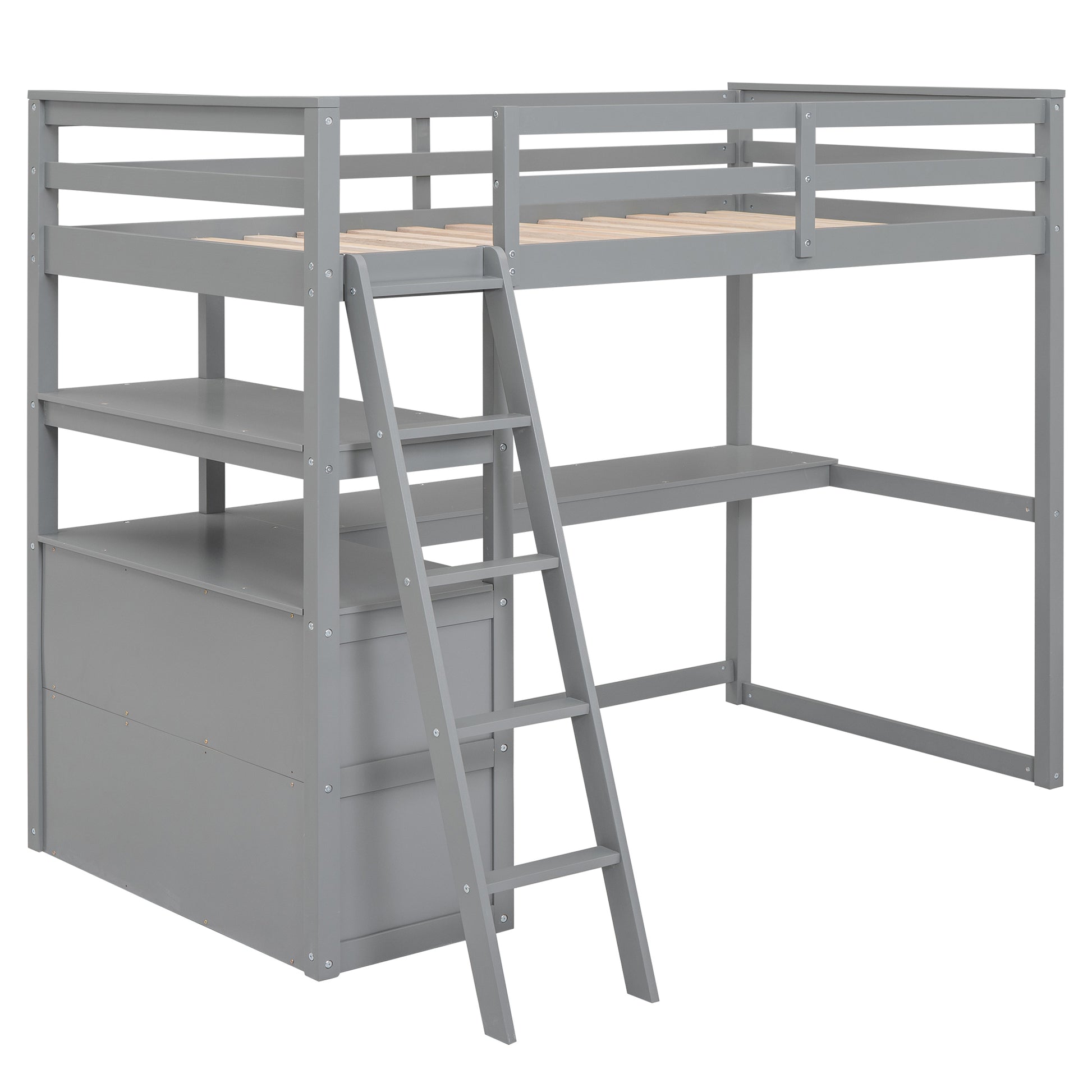 Twin Size Loft Bed With Desk And Shelves, Two Built In Drawers, Gray Old Sku: Gx000423Aae Box Spring Not Required Twin Gray Wood Bedroom Pine