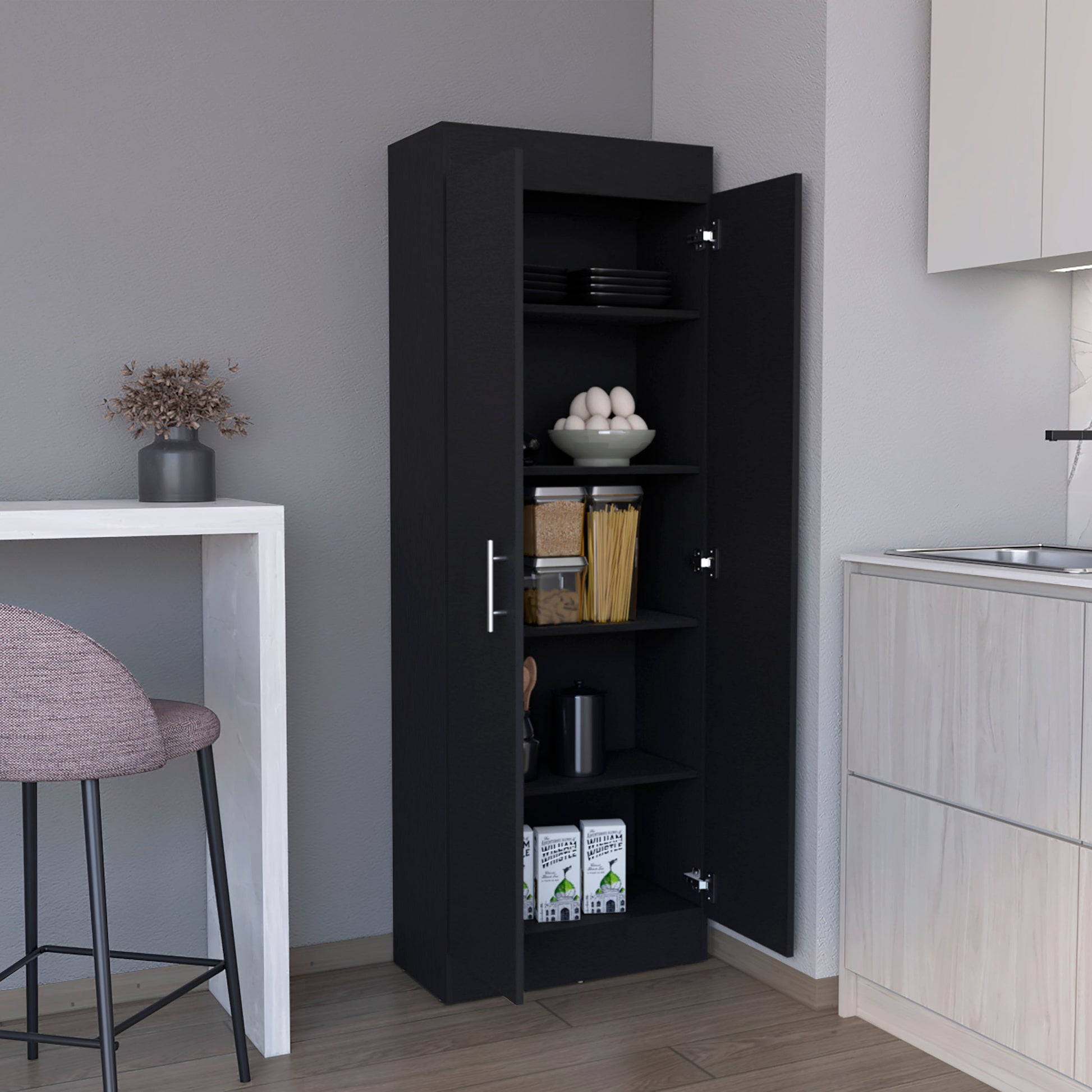 Pantry Cabinet Clinton, Kitchen, Black Black Particle Board Engineered Wood