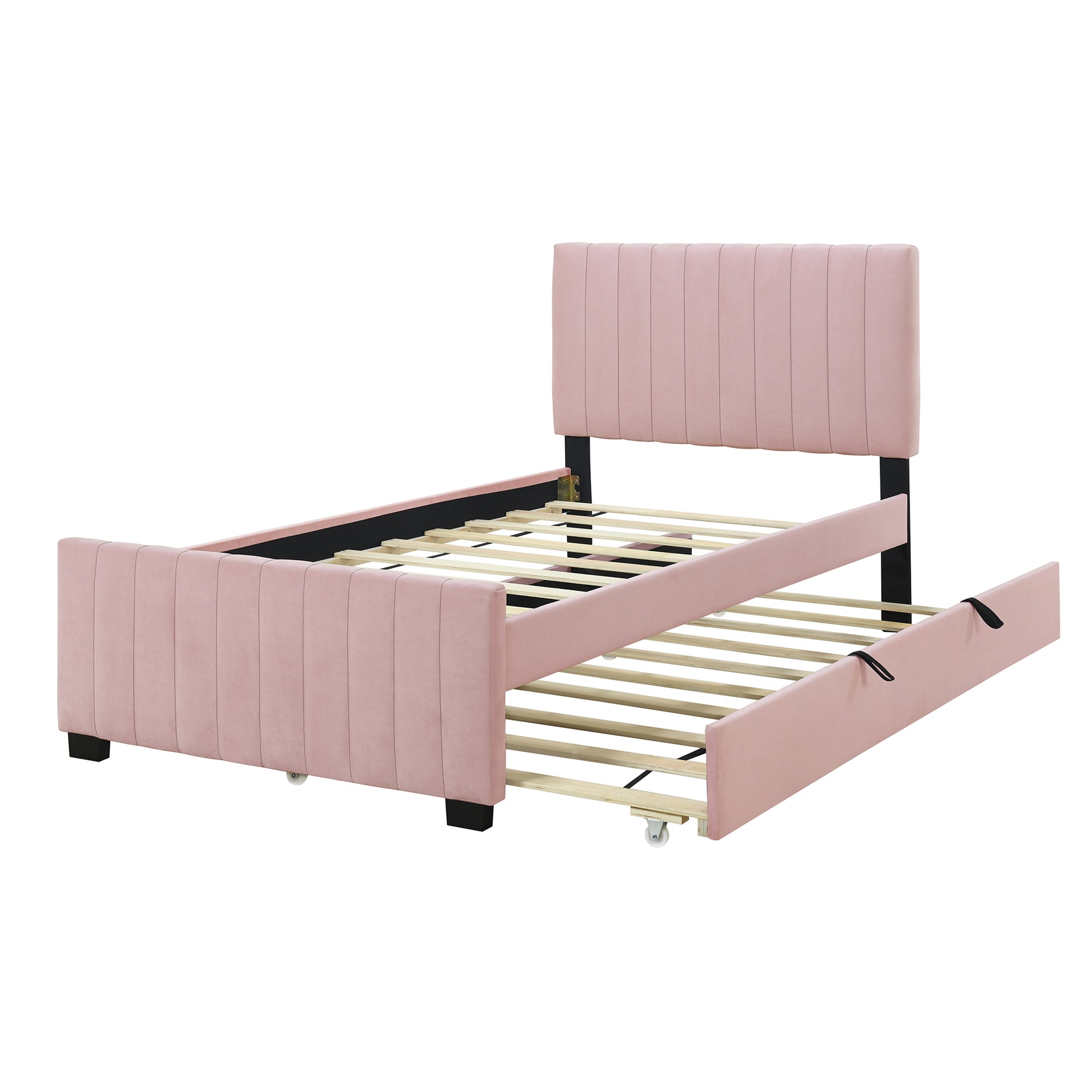 Twin Size Velvet Upholstered Platform Bed With Twin Size Trundle, Pink Pink Upholstered