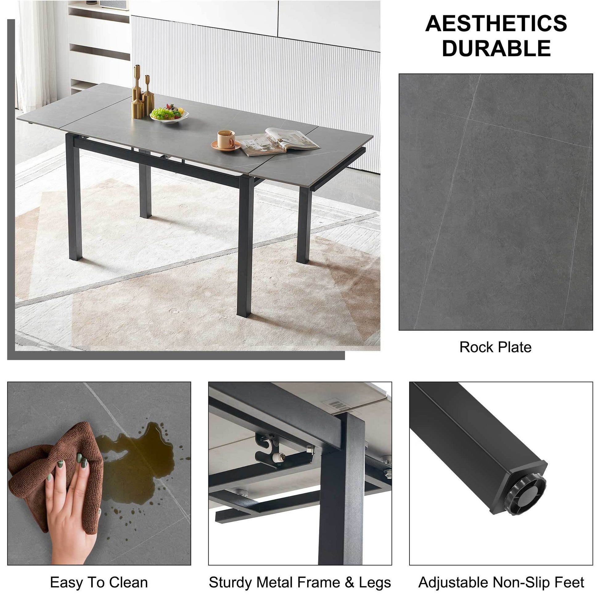 5 Pieces Functional Retractable Ceramic Table Dining Table Dining Set Including Yellow Velvet High Back Black Color Legs For Living Room,Dining Room,Kitchen Metal Gray Yellow Seats 4 Metal Dining Room Modern 4 Leg Square Dining Table With Chair Ceramic