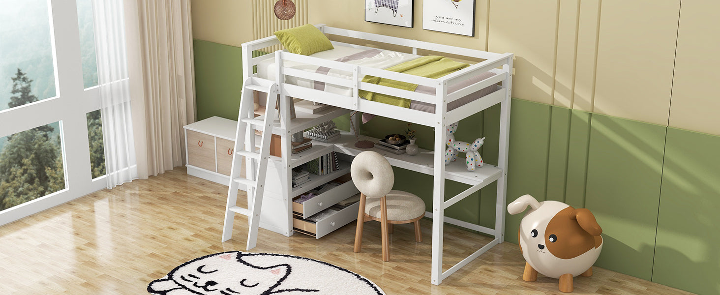 Twin Size Loft Bed With Desk And Shelves, Two Built In Drawers, White Old Sku: Gx000423Aak Box Spring Not Required Twin White Wood Bedroom Pine