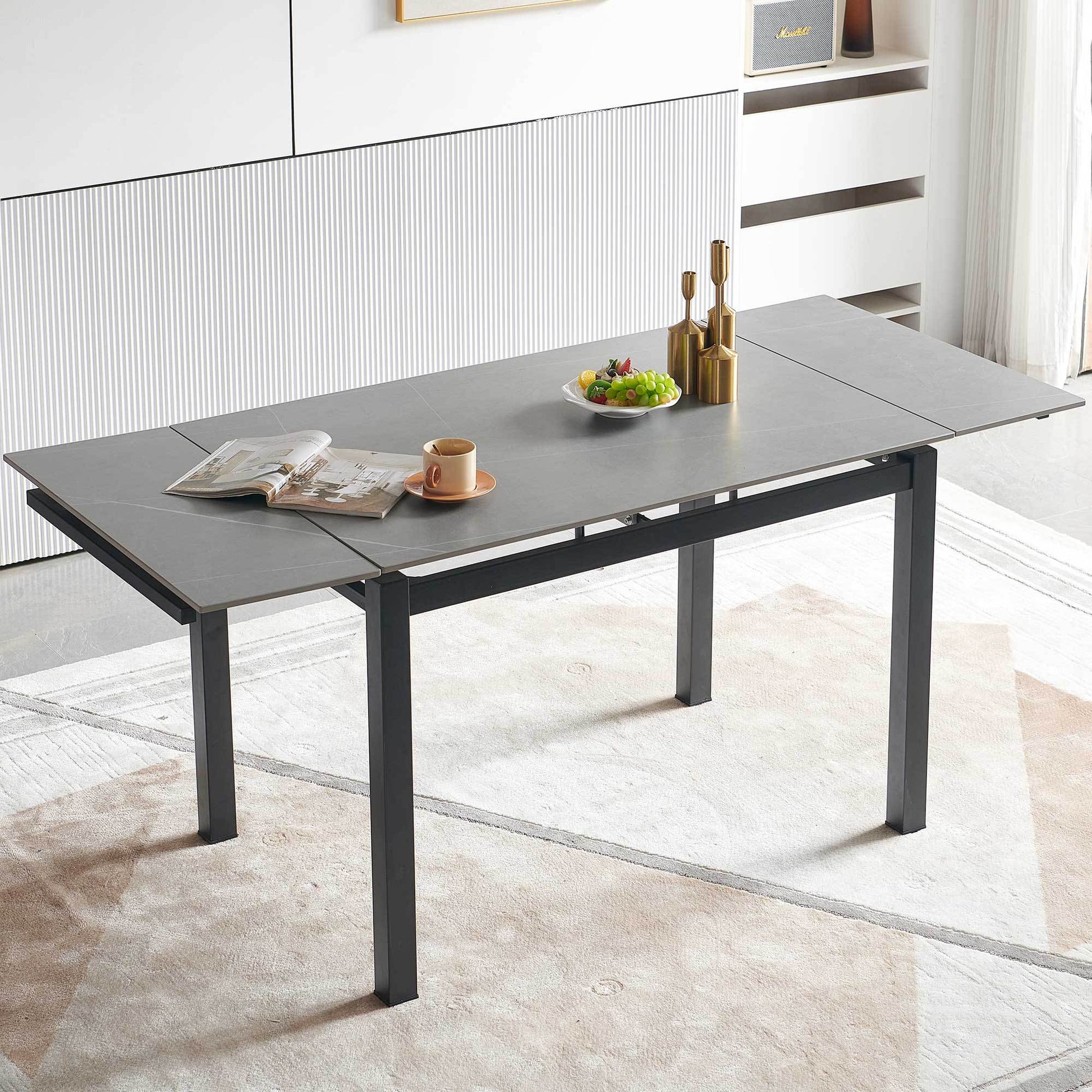 5 Pieces Functional Retractable Ceramic Table Dining Table Dining Set Including Yellow Velvet High Back Black Color Legs For Living Room,Dining Room,Kitchen Metal Gray Yellow Seats 4 Metal Dining Room Modern 4 Leg Square Dining Table With Chair Ceramic
