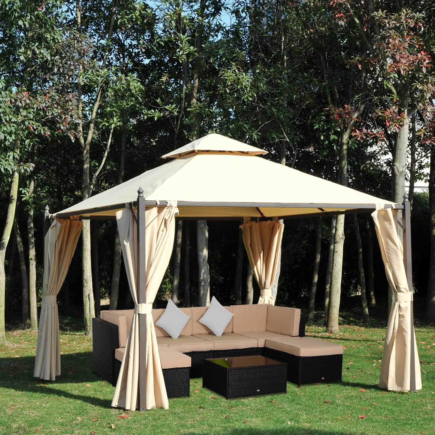 10' X 10' Steel Outdoor Patio Gazebo With Polyester Privacy Curtains, Two Tier Roof For Air, & Large Design Beige Steel