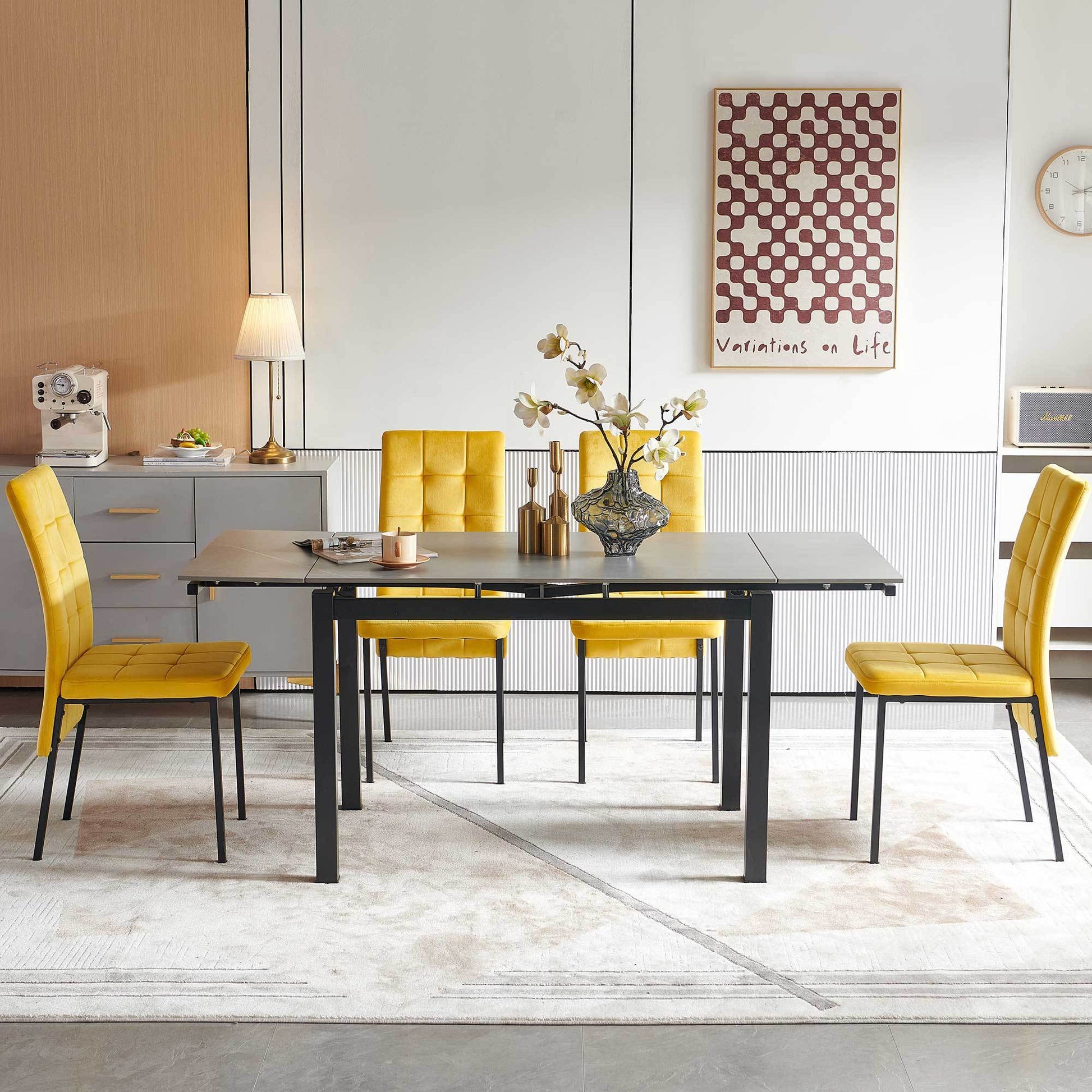 5 Pieces Functional Retractable Ceramic Table Dining Table Dining Set Including Yellow Velvet High Back Black Color Legs For Living Room,Dining Room,Kitchen Metal Gray Yellow Seats 4 Metal Dining Room Modern 4 Leg Square Dining Table With Chair Ceramic