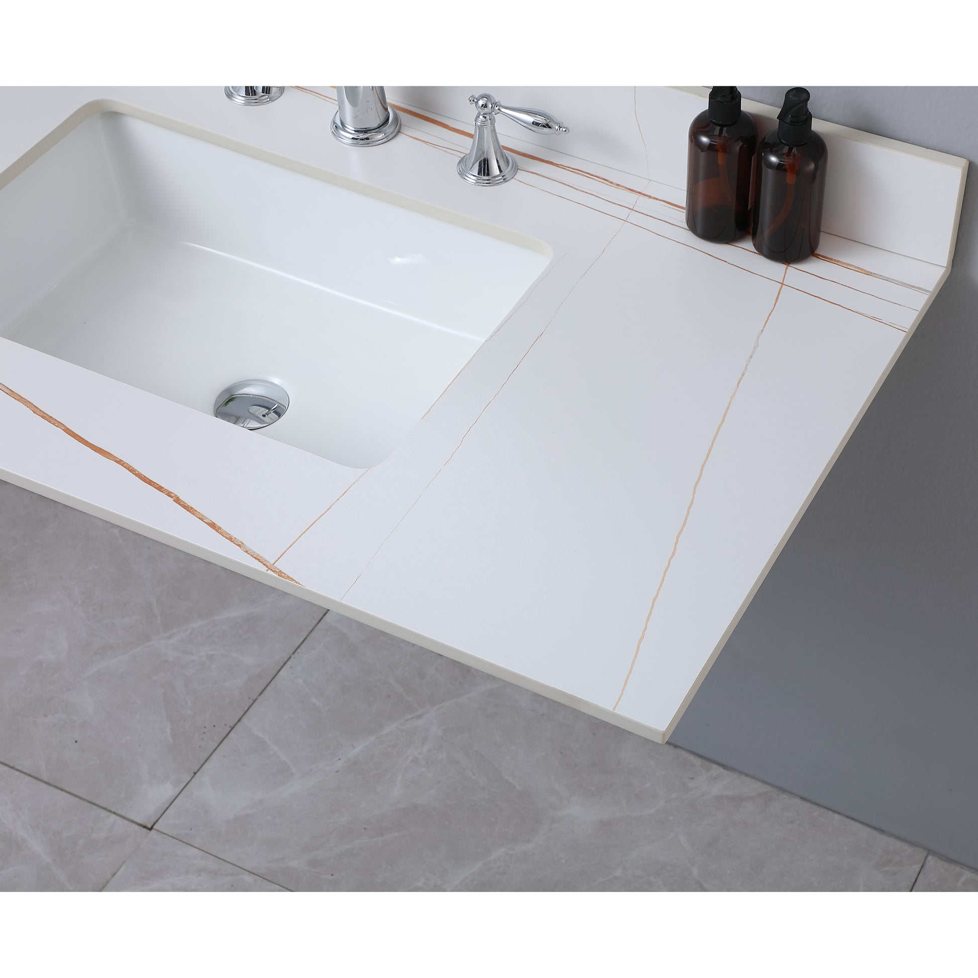 43Inch Bathroom Vanity Top Stone Carrara Gold Style Tops With Rectangle Undermount Ceramic Sink And Three Faucet Hole White Sintered Stone