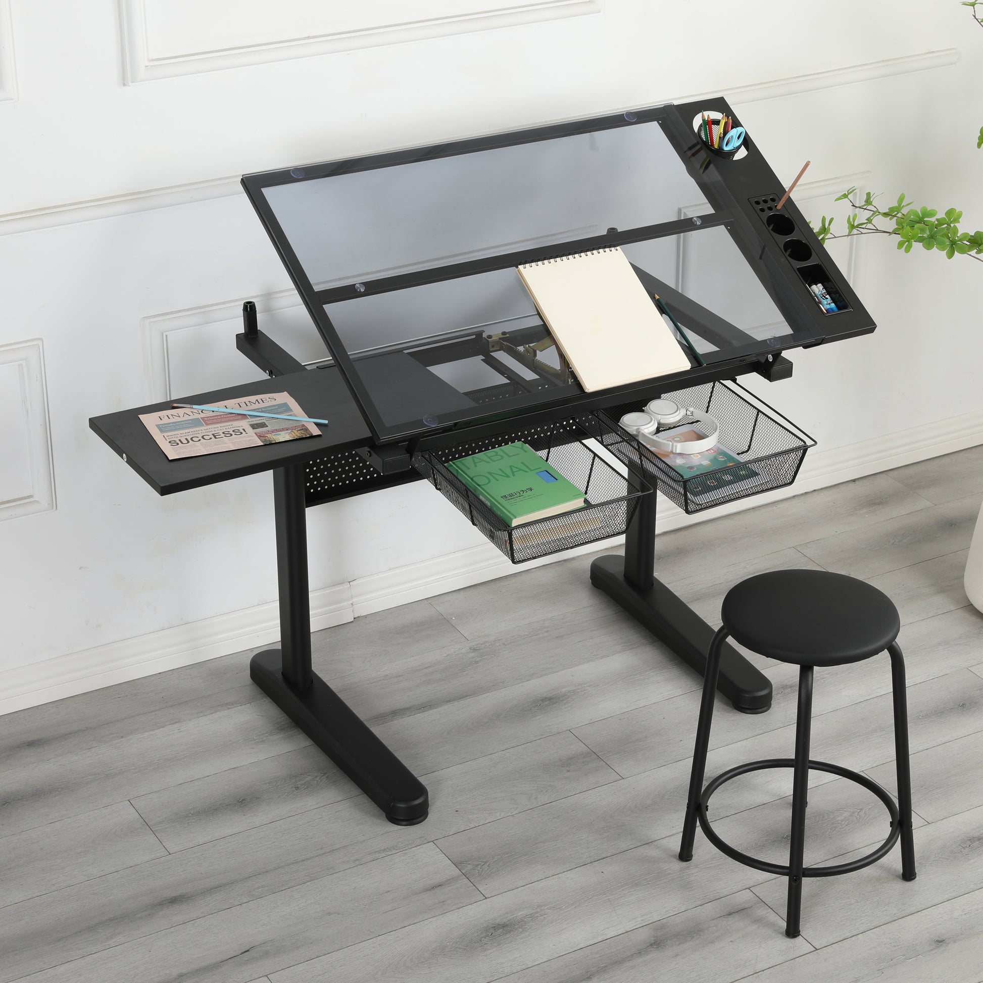 Hand Crank Adjustable Drafting Table Drawing Desk With 2 Metal Drawers Black With Stool Black Glass Metal