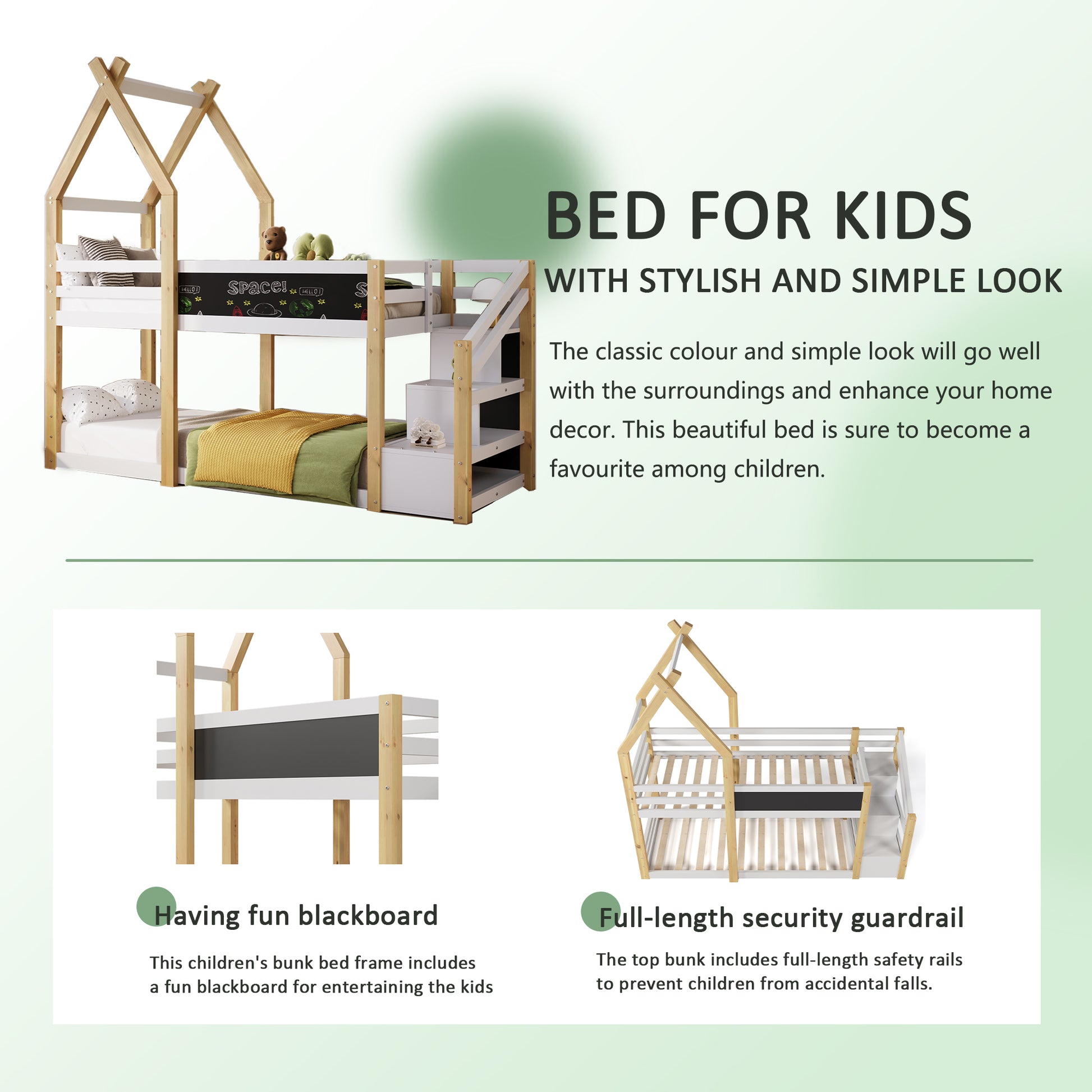 Twin Over Twin House Bunk Bed With White Storage Staircase And Blackboard, White And Natural Box Spring Not Required Twin White Bed Frame Pine