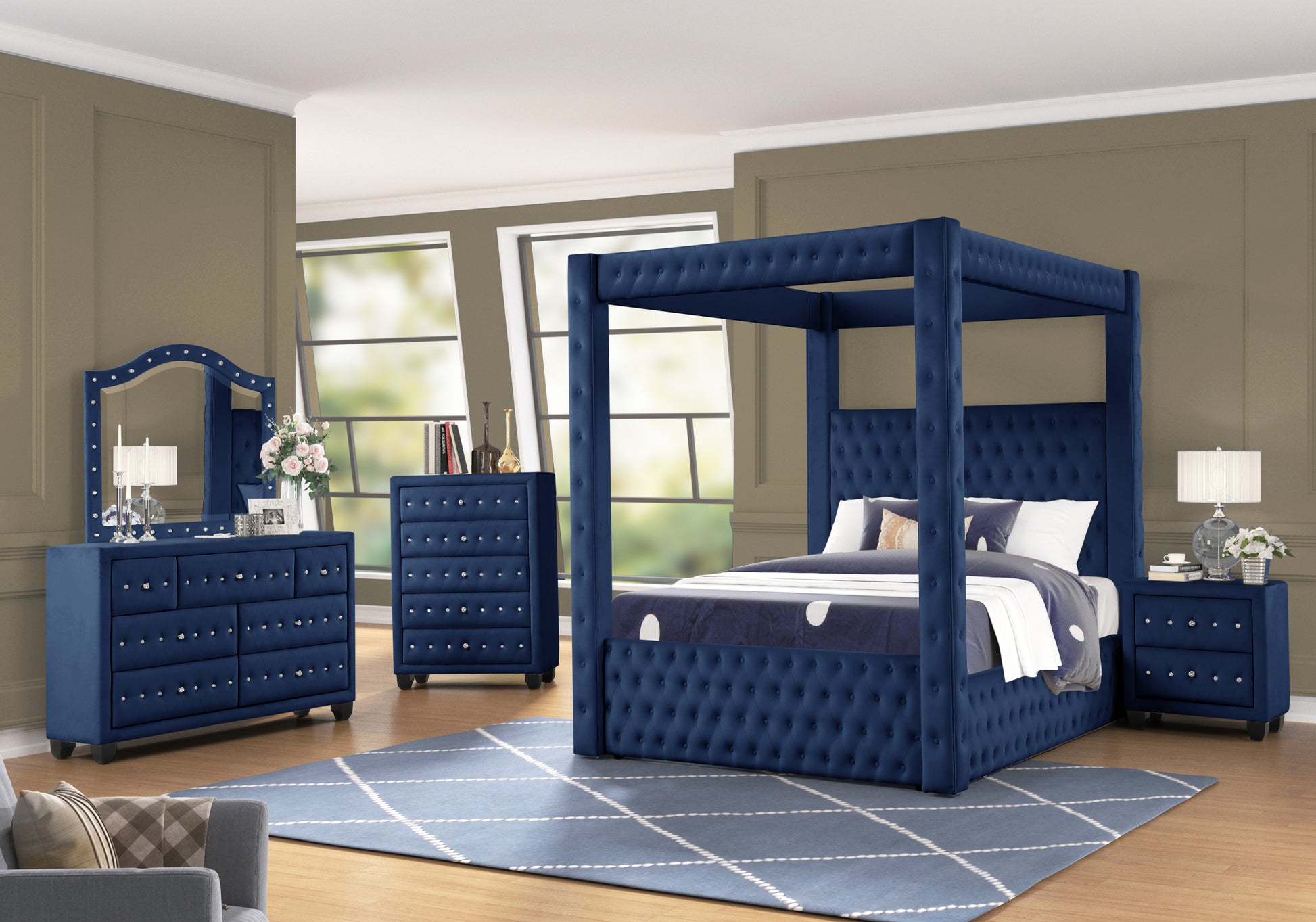 Monica Luxurious Four Poster Queen Bed Made With Wood In Navy Box Spring Not Required Queen Navy Wood Bedroom Modern Upholstered Velvet Wood