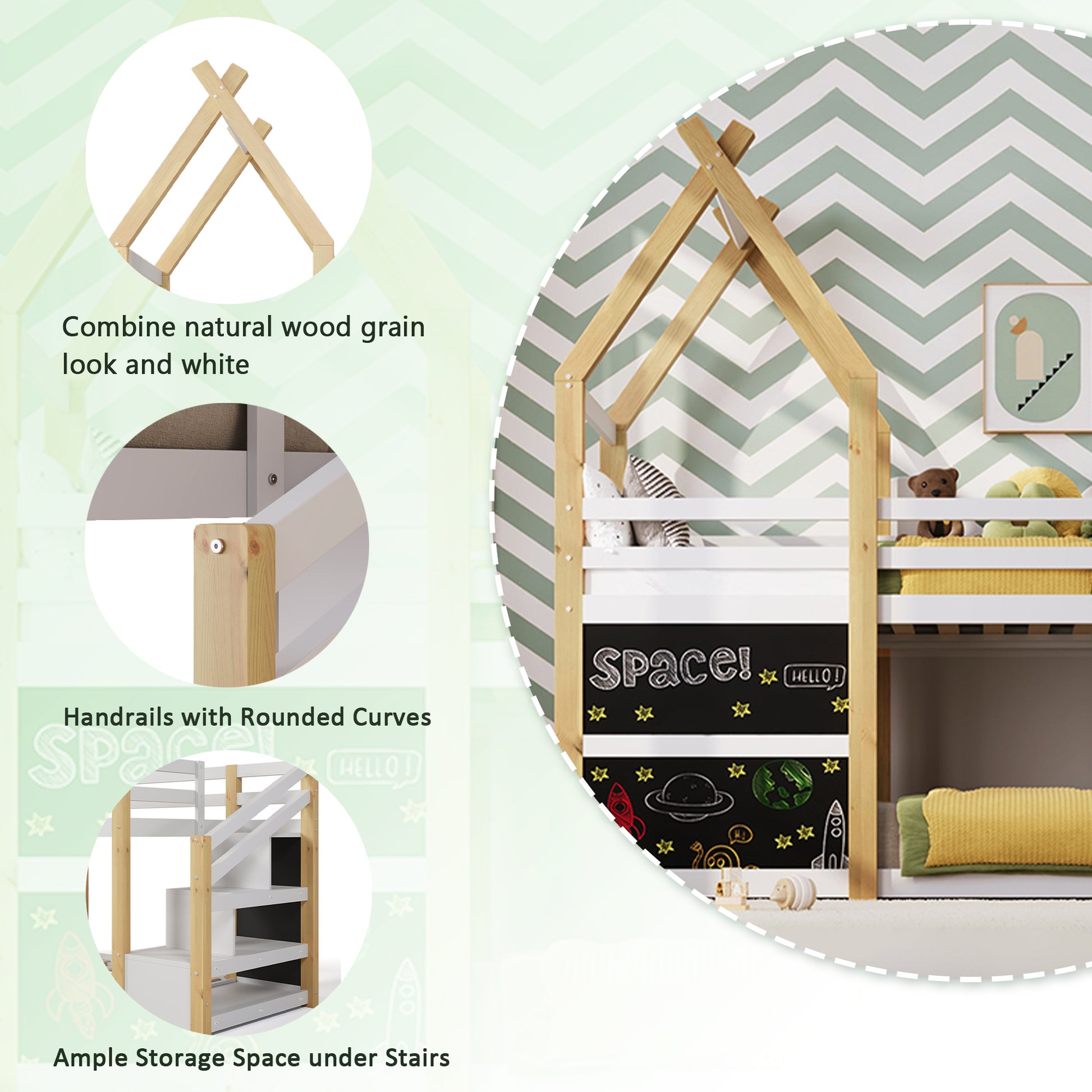 Twin Over Twin House Bunk Bed With White Storage Staircase And 2 Blackboards, White And Natural Box Spring Not Required Twin White Bed Frame Pine