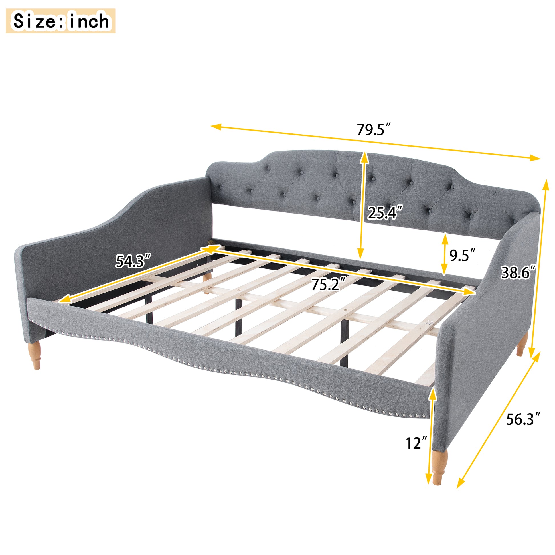 Full Size Vintage Upholstery Daybed With Button Tufted Backrest, Gray Gray Upholstered