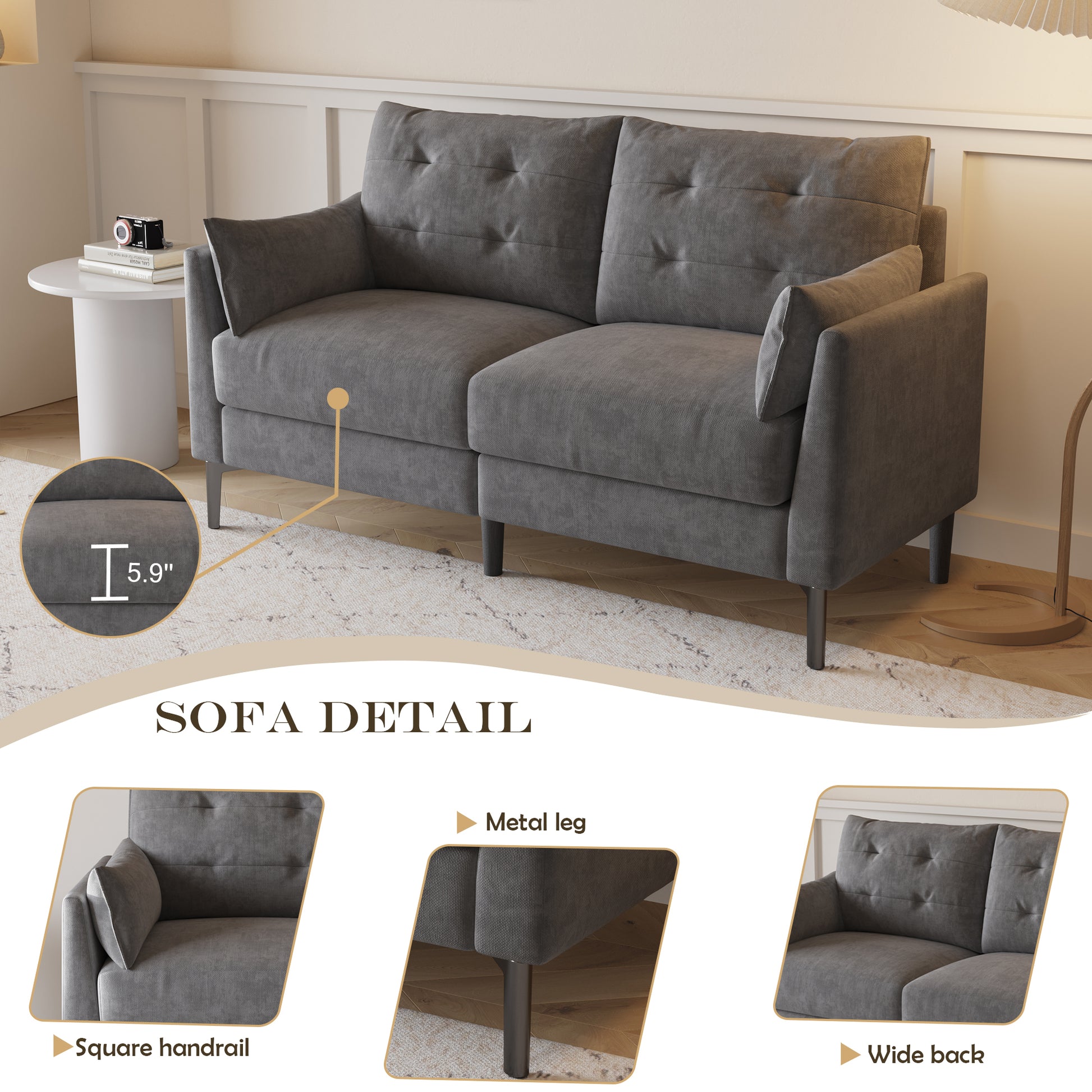 57.5 Inch Cotton Linen Dark Grayseat Metal Feet Plastic Feet Thick Cushion With Two Armrests Dark Grey Polyester Blend