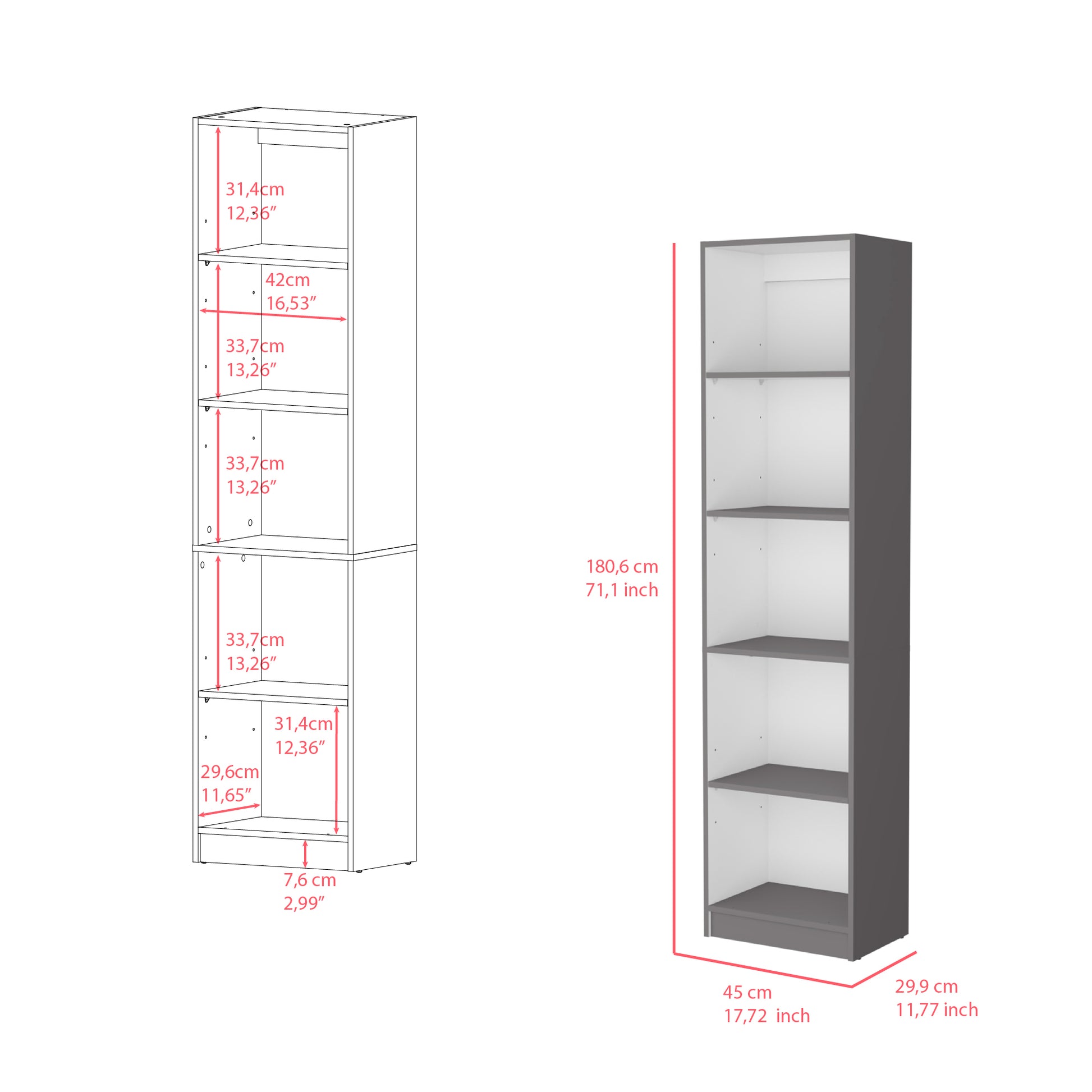Bookcase Xs Benzoni, Office, Matt Gray White Multicolor Particle Board Engineered Wood