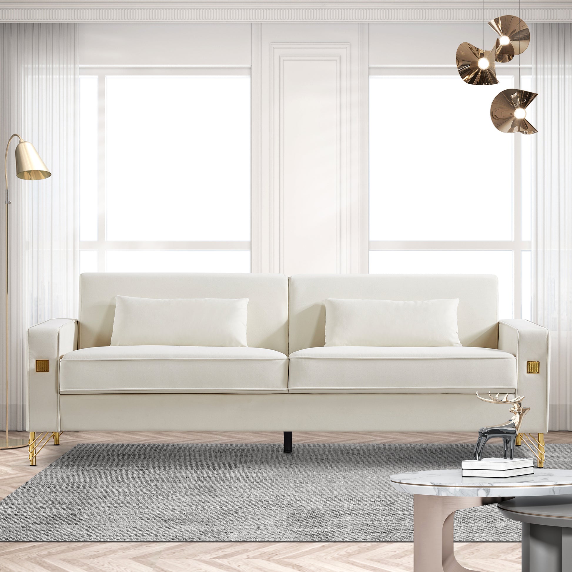 85.44" Modern Velvet Couch With Gold Legs,Upholstered Sofa For Living Room White Cushion Back Modern Eucalyptus Square Arms Velvet