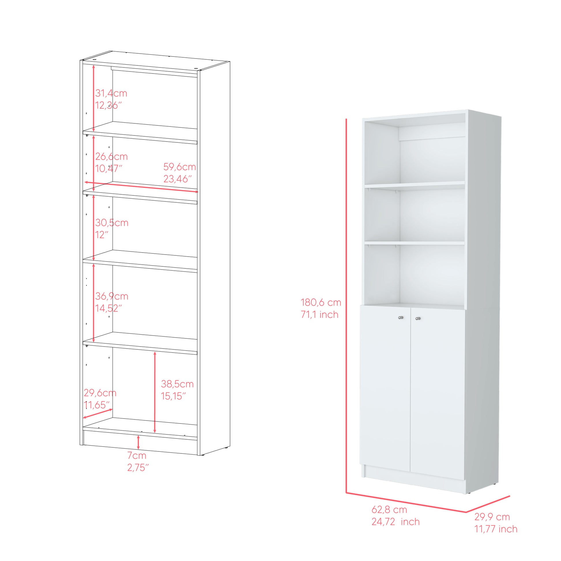 Bookcase Dual Door Benzoni, Office, White White Particle Board Engineered Wood