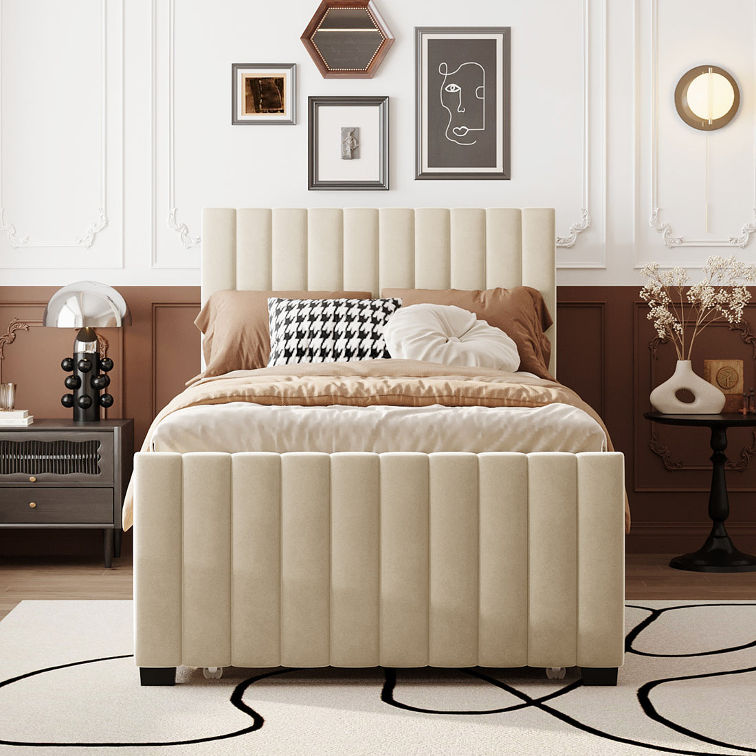 Twin Size Velvet Upholstered Platform Bed With Twin Size Trundle, Beige Beige Upholstered