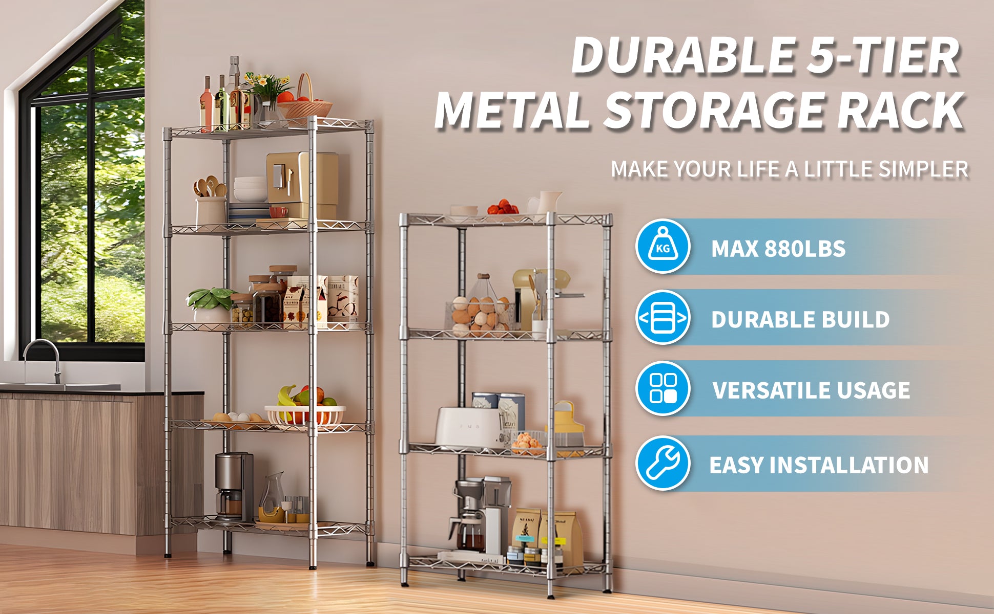 Heavy Duty Shelving Unit, Wire Metal Stackable Storage, 5 Tier Shelf, Chrome, 36" W X 13.8" D X 71.8" H Chrome Iron