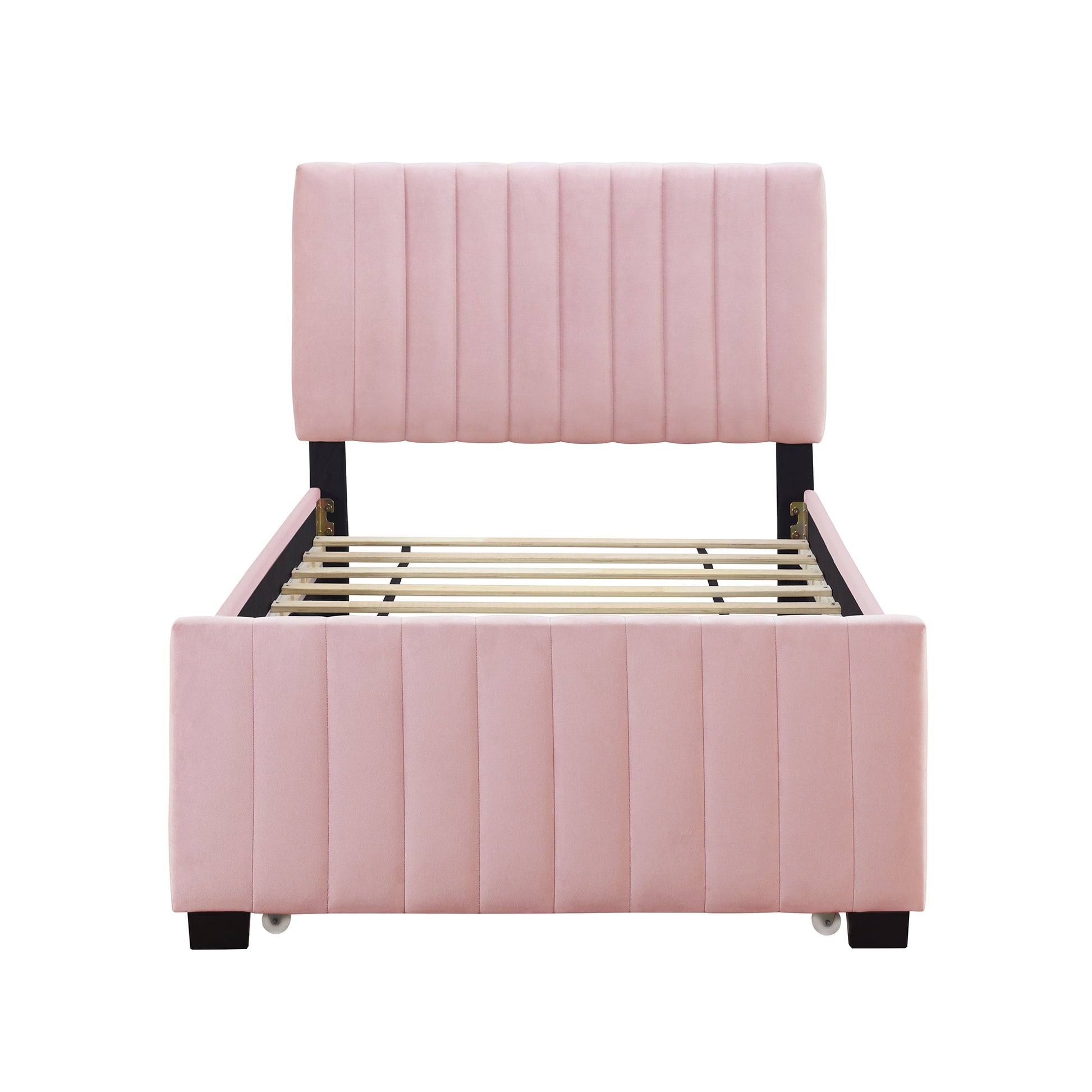 Twin Size Velvet Upholstered Platform Bed With Twin Size Trundle, Pink Pink Upholstered