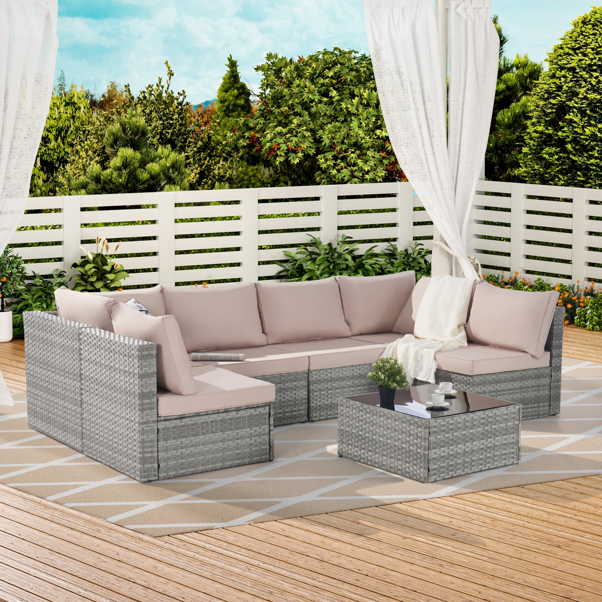 Outdoor Rattan 7 Pieces Furniture Sofa And Table Set Yes Complete Patio Set Gray Weather Resistant Frame Water Resistant Cushion Garden & Outdoor American Traditional,Luxury Complete Patio Sets Rattan