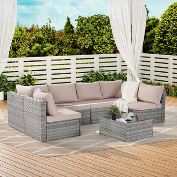 Outdoor Rattan 7 Pieces Furniture Sofa And Table Set Yes Complete Patio Set Gray Weather Resistant Frame Water Resistant Cushion Garden & Outdoor American Traditional,Luxury Complete Patio Sets Rattan