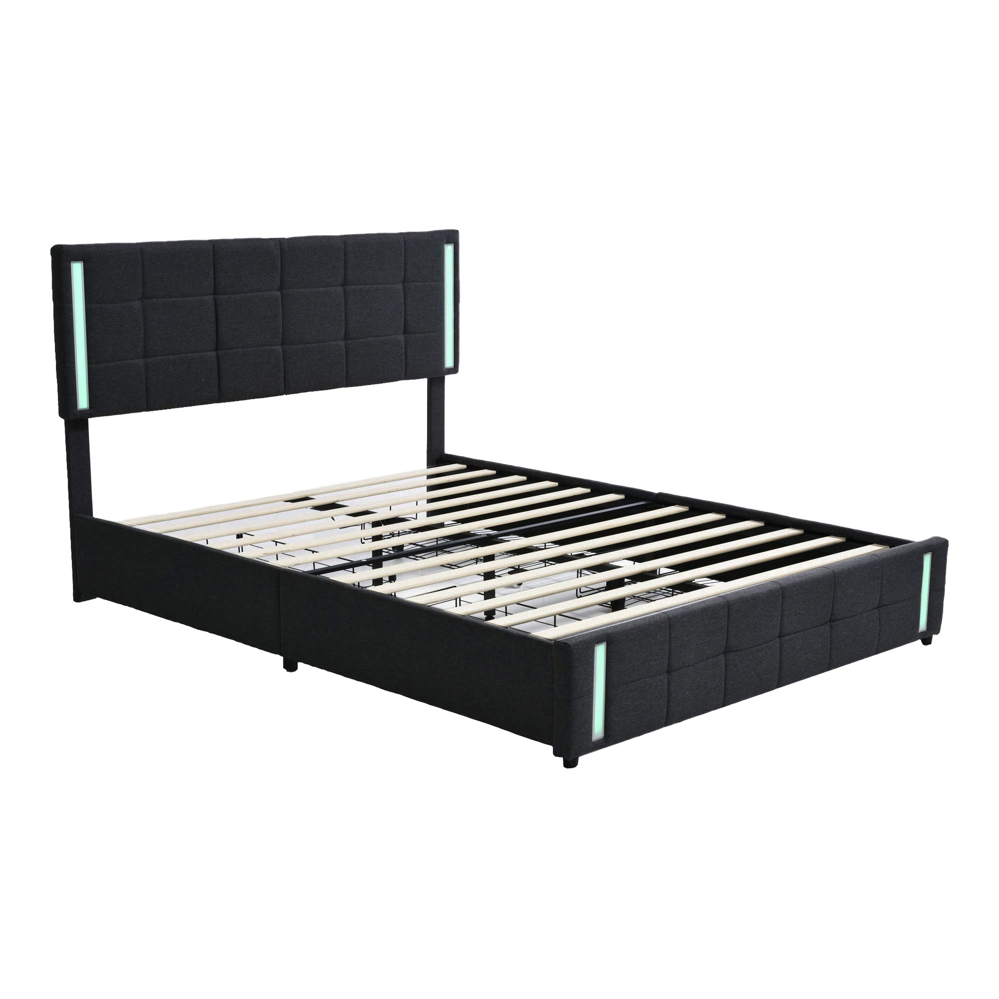 Queen Size Upholstered Platform Bed With Led Lights And Usb Charging, Storage Bed With 4 Drawers, Gray Linen Gray Linen