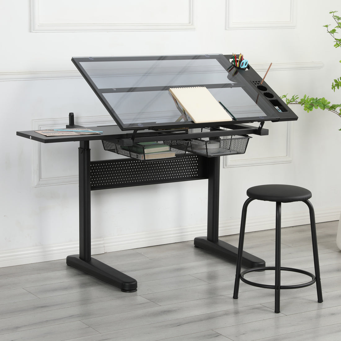 Hand Crank Adjustable Drafting Table Drawing Desk With 2 Metal Drawers Black With Stool Black Tempered Glass Sheet Metal Plastic