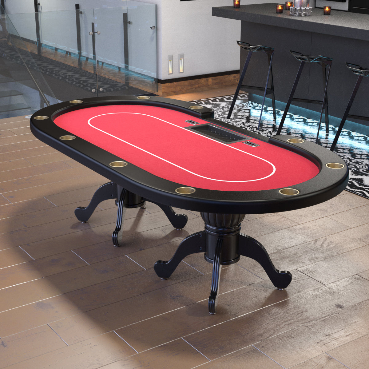 96" Oval Red Aura Texas Holdem Poker Table Curved Legs Casino Dropbox Red Wood