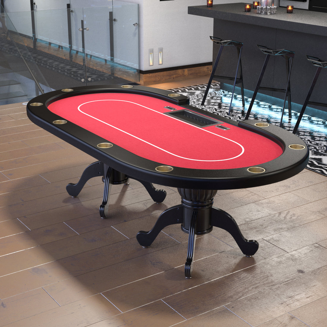 96" Oval Red Aura Texas Holdem Poker Table Curved Legs Casino Dropbox Parts Red Wood