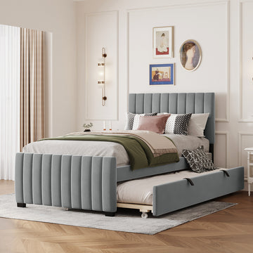 Twin Size Velvet Upholstered Platform Bed With Twin Size Trundle, Gray Gray Upholstered