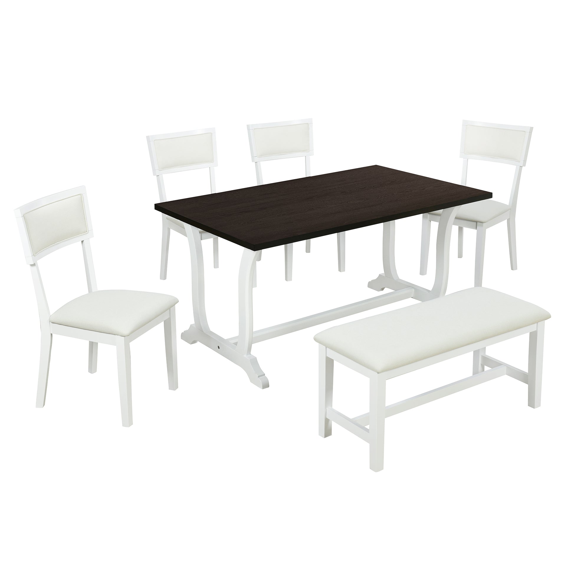 Farmhouse 6 Piece Trestle Dining Table Set With Upholstered Dining Chairs And Bench, 59Inch, White White Wood Dining Room Solid Wood Rubberwood Rectangular Dining Table With Chair And Bench Upholstered Chair Wood White Seats 6 Farmhouse Trestle Foam