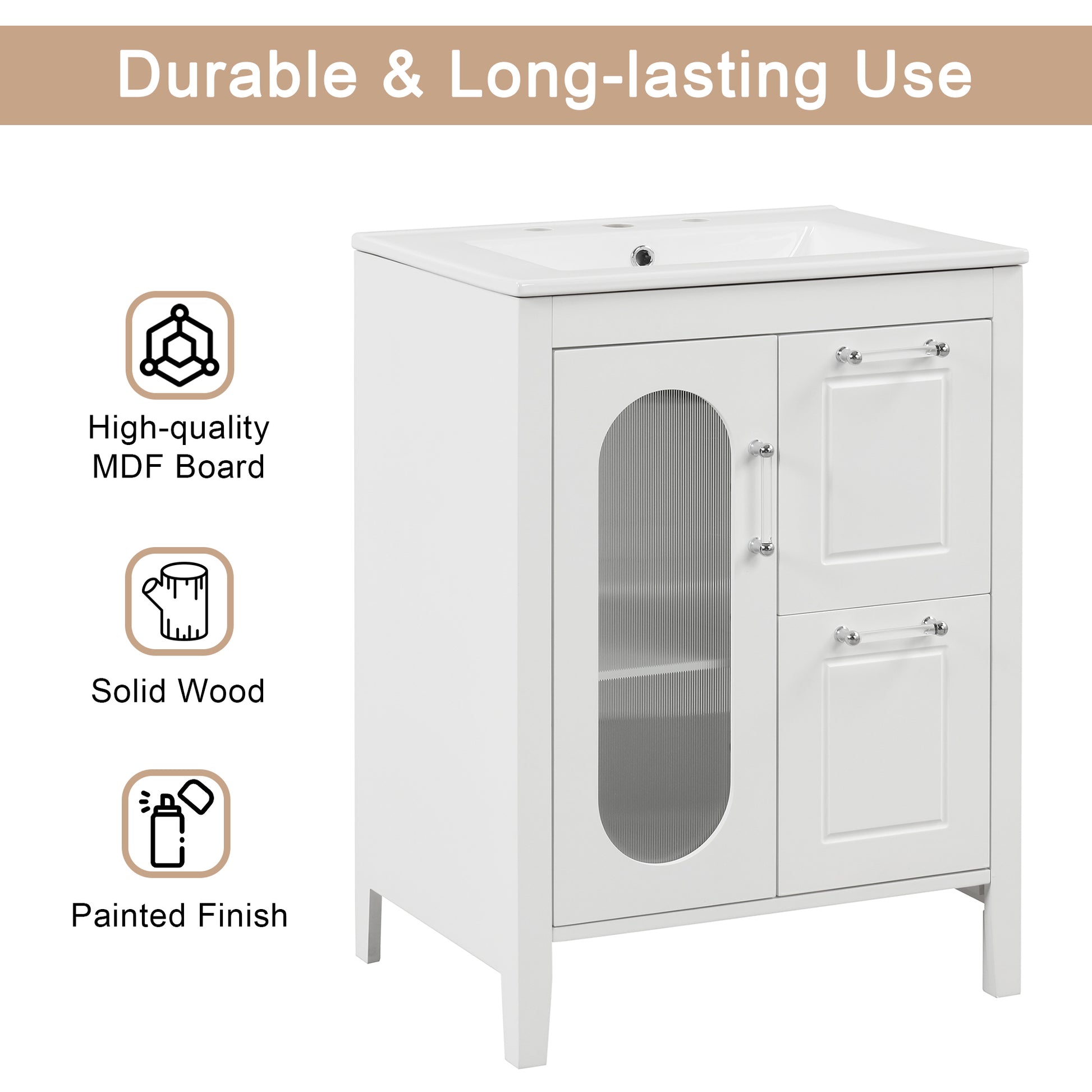 24" Bathroom Vanity With Sink, Bathroom Vanity Cabinet With Two Drawers And Door, Adjustable Shelf, Solid Wood And Mdf, White White Solid Wood Mdf