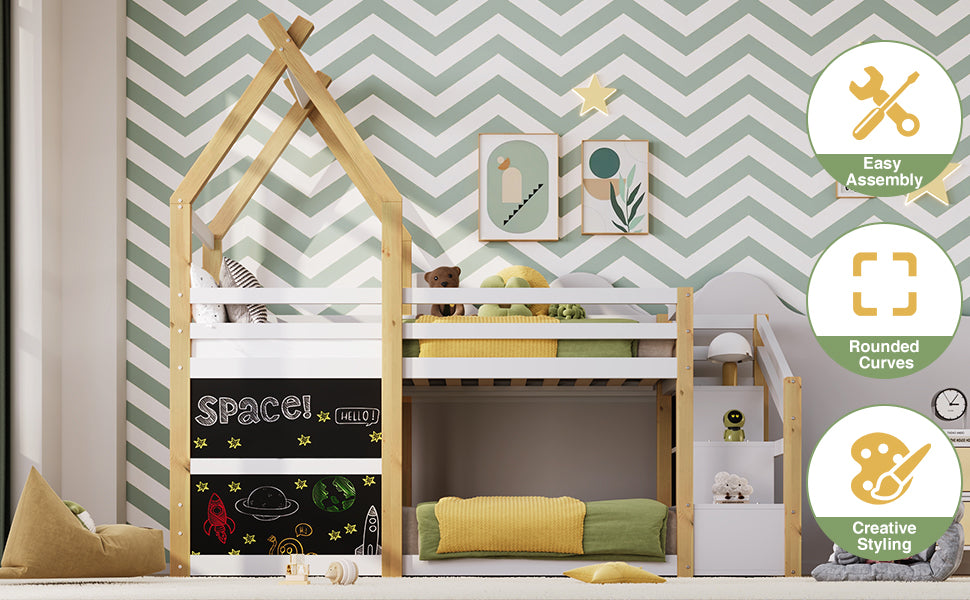 Twin Over Twin House Bunk Bed With White Storage Staircase And 2 Blackboards, White And Natural Box Spring Not Required Twin White Bed Frame Pine