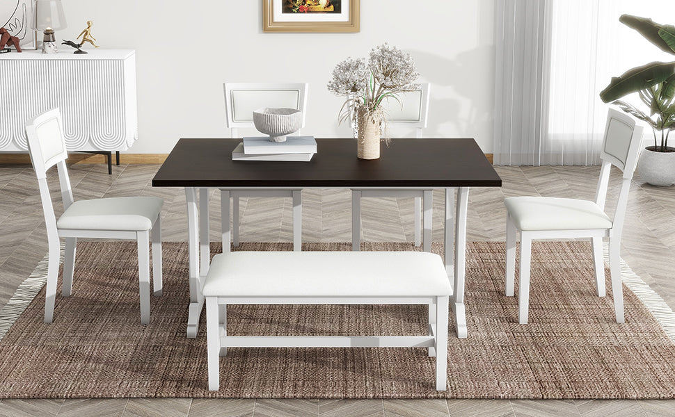 Farmhouse 6 Piece Trestle Dining Table Set With Upholstered Dining Chairs And Bench, 59Inch, White White Wood Dining Room Solid Wood Rubberwood Rectangular Dining Table With Chair And Bench Upholstered Chair Wood White Seats 6 Farmhouse Trestle Foam